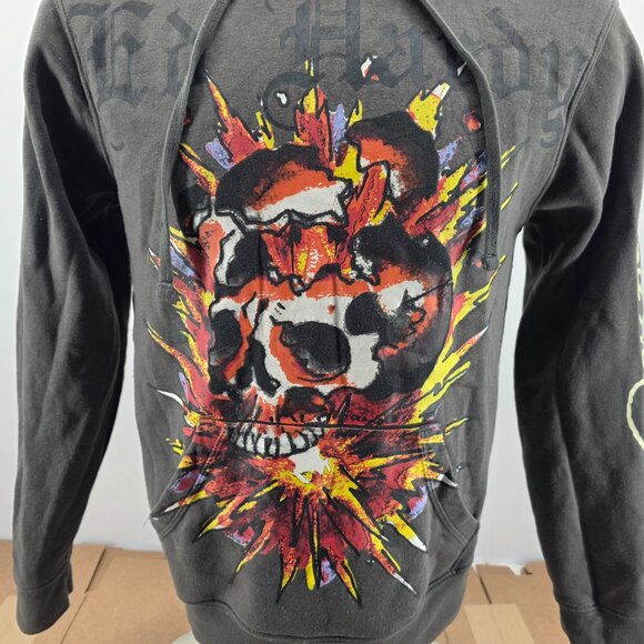 Vintage Ed Hardy Hoodie Love Kill Slowly Skull Tattoo Y2K Gray Size S Small - Picture 6 of 8